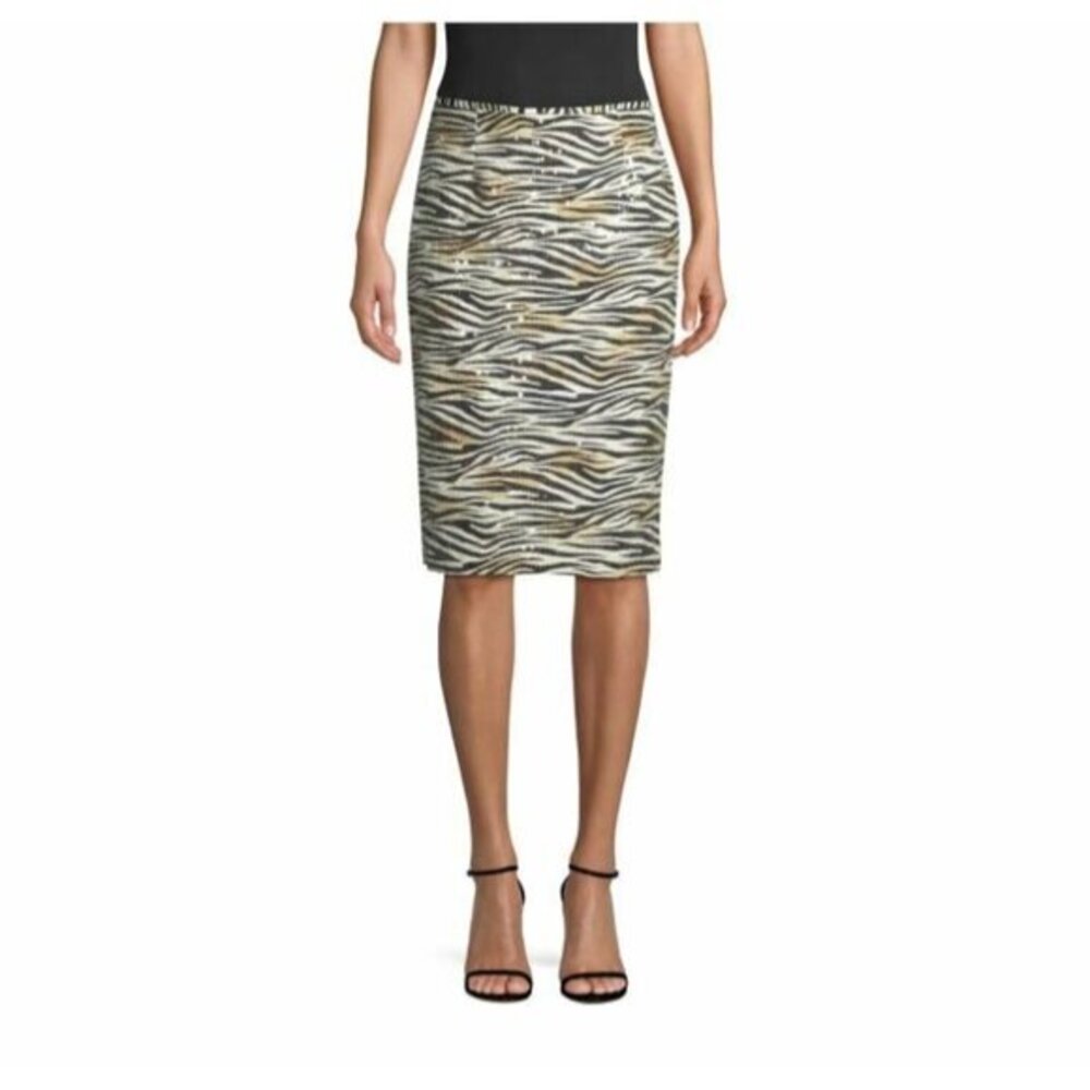 Le Superbe Zebra Sequin Midi Pencil Skirt Black White Animal Print SZ 4 NWT $345